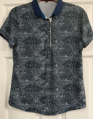 Greyson Polo Shirt Women MED Club Car Rare Juniper Print Stretch Golf Tennis EUC Blue