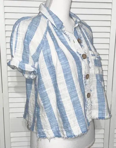 We The Free blue striped raw hem cropped shirt