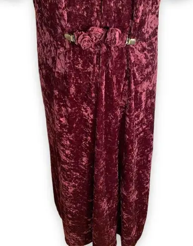 Vintage 90s Maxi Dress Burgundy Crushed Velvet Dark Floral Rosette Short Sleeve Red Size 14