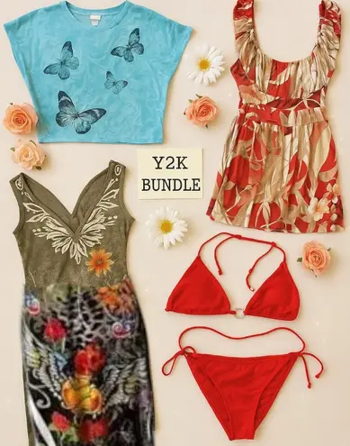 Y2K 4PC. TATTOO BUTTERFLY DRESS SUIT TOPS M/L Red Size M