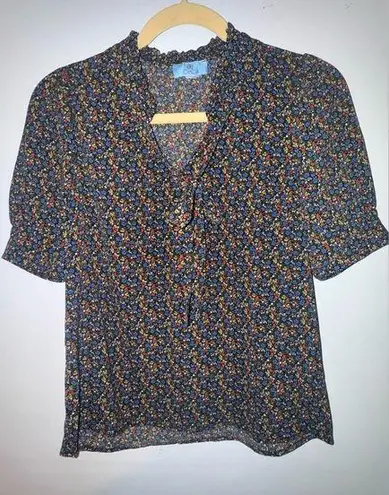 CeCe Nordstrom  70’s small floral blouse yellow, blue, black, red size small