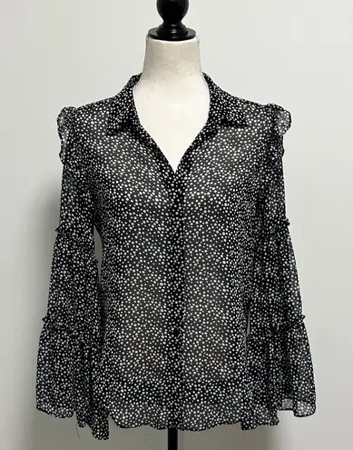 MISA Los Angeles Misa Black White Polka Dot Sheer Button Up Bell Ruffle Sleeve Hi Lo Blouse XS