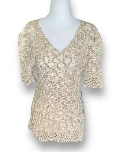 Vintage Inca Boutique Top Tan Open Weave Sheer Vneck Short Sleeve Art To Wear