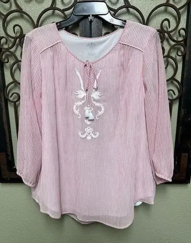 st. john's bay St. John’s Bay embroidered detail tie vneck pink/white pin striped blouse