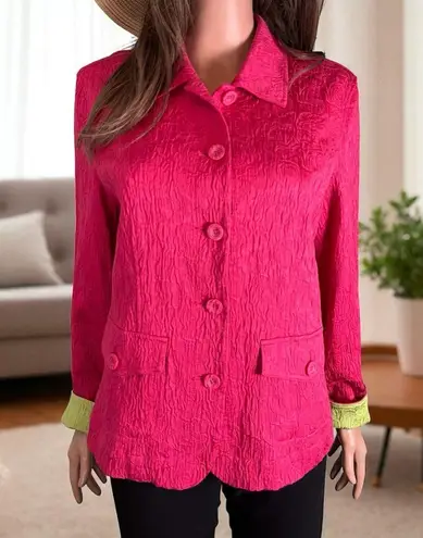 Coldwater Creek Jacket Blazer. Pink w/Green Trim. Textured Cloth Unlined.