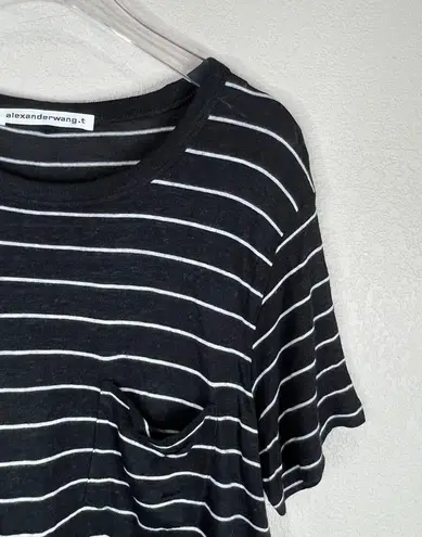 Alexander Wang T by  Womens Pocket Tee Shirt Sz Medium Black Stripe Viscose Linen