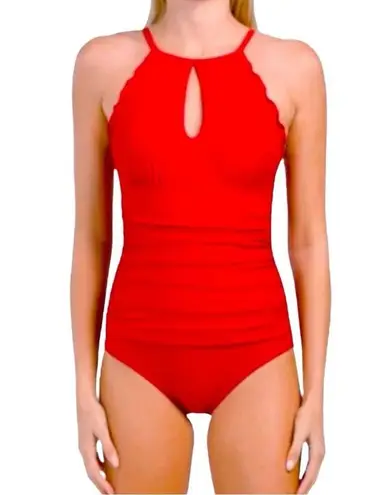 Ellen Tracy Ruched High Neck Ruffle Keyhole One-Piece Swimsuit Siren Red Size 14