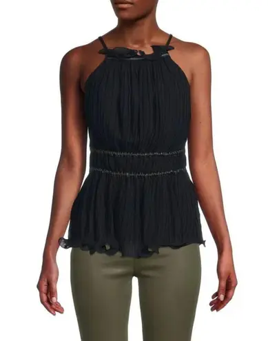 BCBGMAXAZRIA  Top Women's XS Black Ruffle Trim Pleated Top Spaghetti Straps