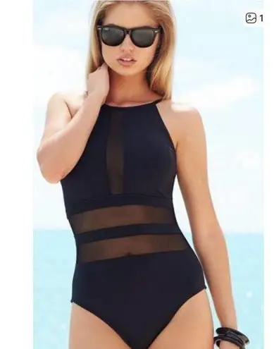 La Blanca Black Mesh Illusion High Neck One Piece Swimsuit, 8