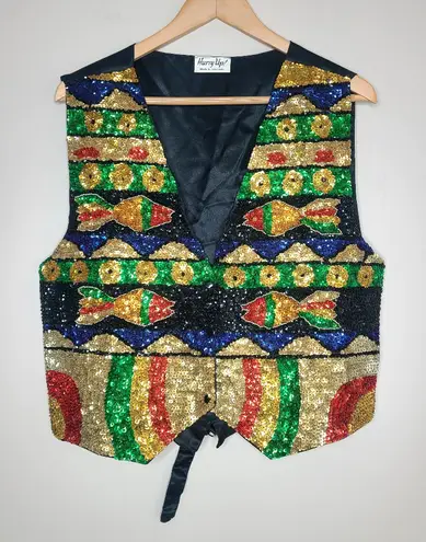 Vintage Multicolor Fish Scene Sequin Fashion Vest Green Size undefined