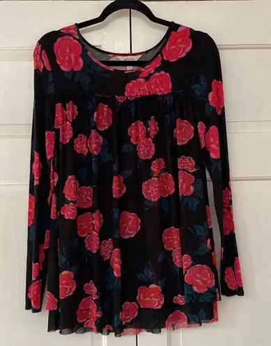 Matilda Jane Winter Blooms Long Sleeve Pink Rose Floral Tulle Overlay Black Top