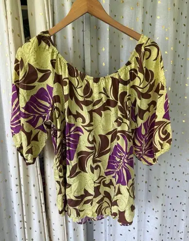 Papaya One  Hawaiian Aloha Floral Tropical Leaves On Off Shoulder Peasant Top L