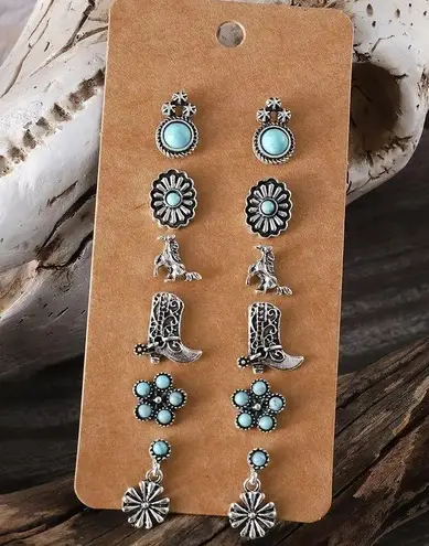 6 Pairs Vintage Western Turquoise Earrings Set – Boho Chic Jewelry, cowgirl boot