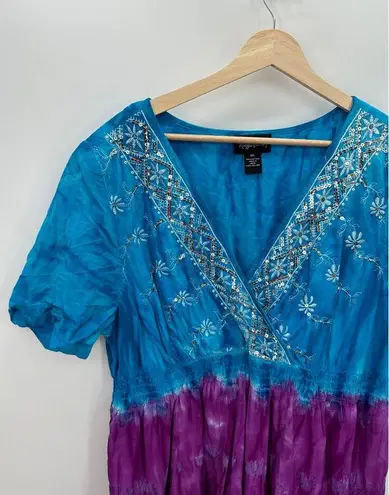 Maggie Barnes Dress Women Size 0X Tie Dye Blue Purple Boho Midi Ruffle Cotton