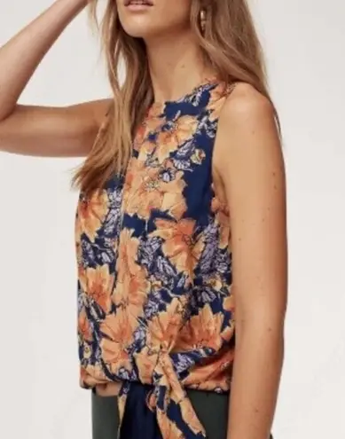 Babaton Aritzia Hopkins Blouse Floral Top Navy Orange Front Tie Women’s XXS