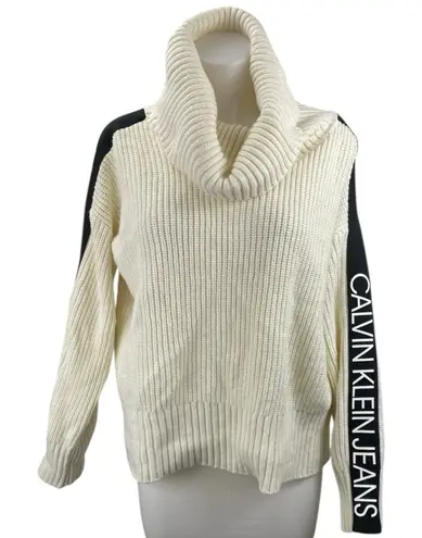 Calvin Klein Jeans Cream Ribbed Knit Long Sleeve Cowl Neck Sweater Top Size L Size L