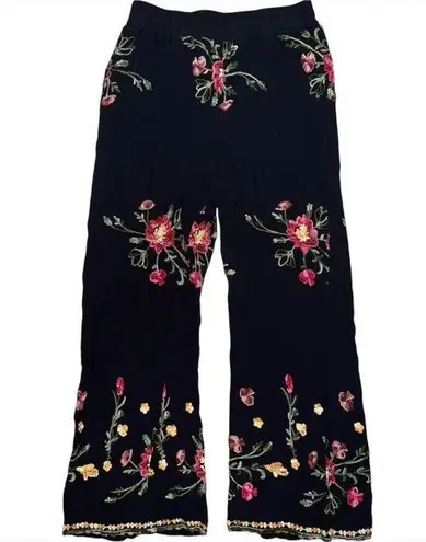 Liv Los Angeles Floral Boho Wide Leg Pants Womens Small Embroidered Flowy Pink