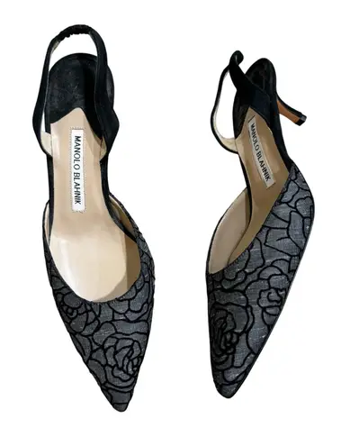 Manolo Blahnik Black Velvet Floral Slingback Heels Textured Fabric Pumps EU 37.5