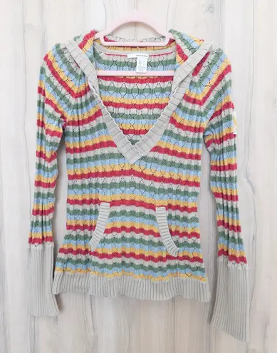 VTG DKNY Womens Knit Hooded Long Sleeve Top Size L Rainbow Stripe Y2K Retro Size L