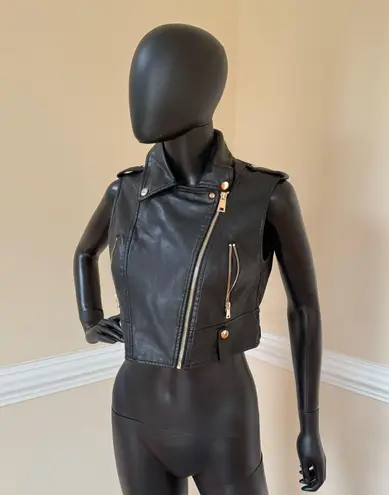 Faux Leather Crop Vest Motorcycle Vest Jacket Coat Trench Crop Sleeveless Top Black