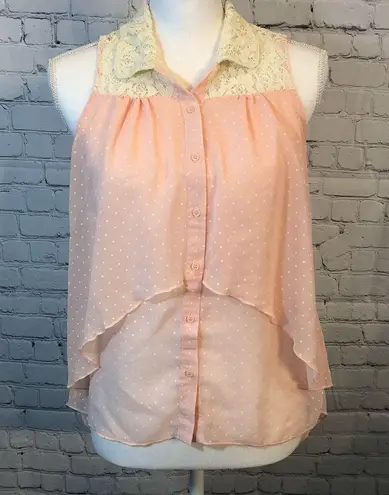 Sleeveless High Low Pink Sheer Sleeveless Collared Top with Dots & Lace Trim