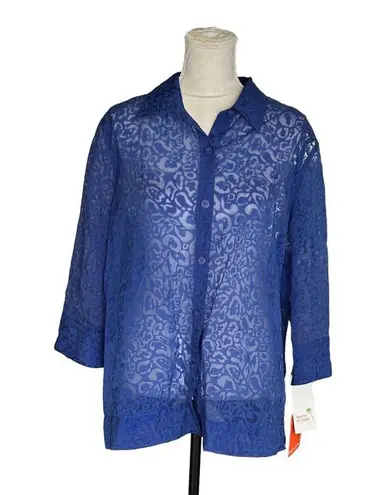 Hearts Of Palm Womens Sheer Blue Leopard Print Button