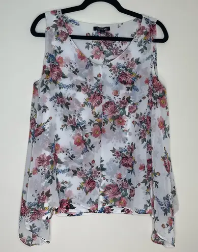 Roz & Ali | White Floral Sleeveless Chiffon Layered Blouse | Large