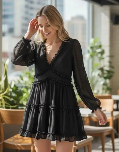 Mi Ami Black Ruffle V Neck Short Sleeve Tiered Mini Dress S Milkmaid Coquete