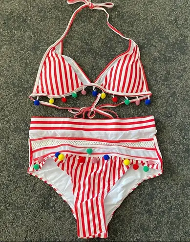 red striped Pom Pom high waist swimsuits Size XL