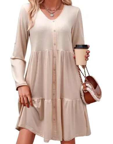 Dokotoo V Neck Button Up Long Sleeve Empire Waist Ruffle Tiered Mini Dress XL