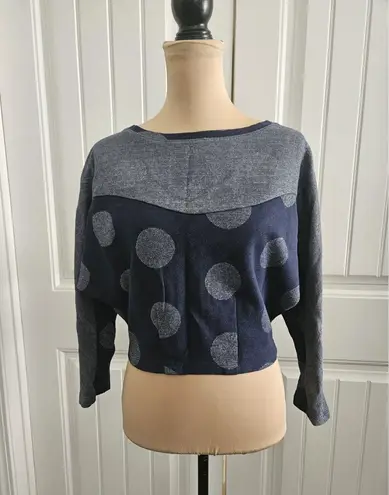 Anthropologie Postmark Blue Metallic Silver Polka Dot Cropped Dolman Sleeve Sz S