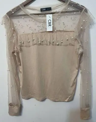 CBR Women's Blouse Sheer Sleeve Neckline Pearl Beading Beige Ruffles XL Feminine Tan