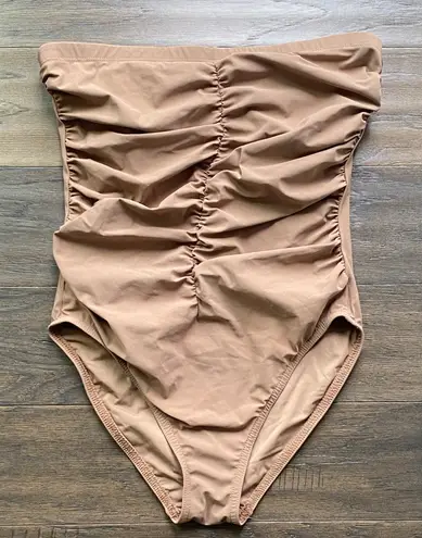 KARLA COLLETTO Ruched Bandeau Strapless Swimsuit Womens Sz 10 Cocoa Shelf Bra Brown
