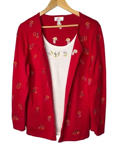 Quacker Factory Vintage Cardigan Set Top Red Leaf Embroidered Women Size Large
