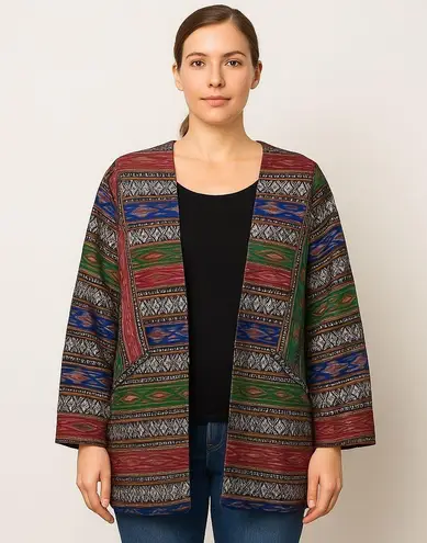 Villager Vintage Village Weaver Thai Silk Jacket Medium Boho Ikat Pattern Open Front Coat