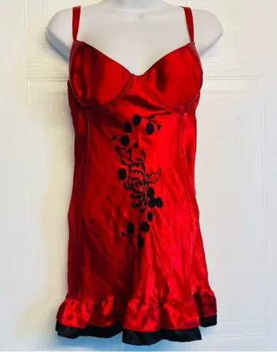Fredrick’s Of Hollywood Teddy Slip Satin Lace Silky Lingerie Gown Size 38 Red Pink Size L