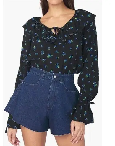 We Wore What black blue floral ruffle long sleeve top medium NWT