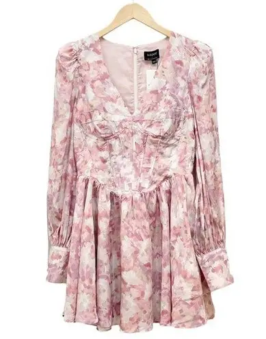 Bardot NWT Zelina Long Sleeve Mini Dress Corset Bodice Pink Floral Size 4 NEW