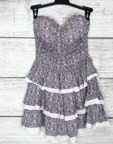 Olsenboye Vintage Purple Floral Strapless Mini Dress with Lace Trim Size Medium