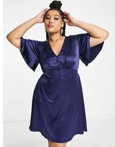 FLOUNCE LONDON Navy Satin Flutter Sleeve Mini Dress Womens Sz 16 Short Sleeve V Blue
