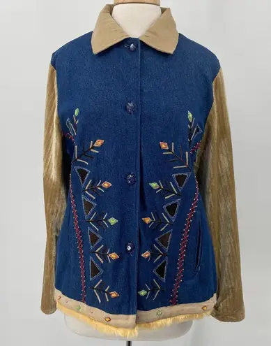 Vintage 90s Embellished Jean Jacket Beaded Denim Corduroy Sleeve Womens XL Blue