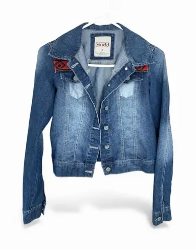 Mudd  Women's Blue Denim Trucker Jacket Navajo Blanket Shoulders size Small - Image 1