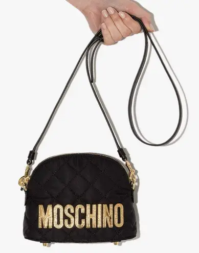 Moschino Black Gold Logo Patch Quilted Nylon Small Mini Crossbody Shoulder Bag