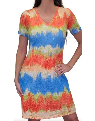 DAVID CLINE Red Gray White Tie Dye Stripe Short Sleeve Summer Knee T