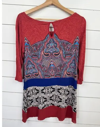 Akemi + Kin Anthro Multi-Color Tunic Top 3/4 Sleeve Sz S Boho Festival Folk Art