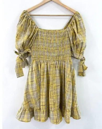 &merci & Merci Women's Yellow Plaid Smocked Babydoll Dress sz Small Puff Sleeve Preppy