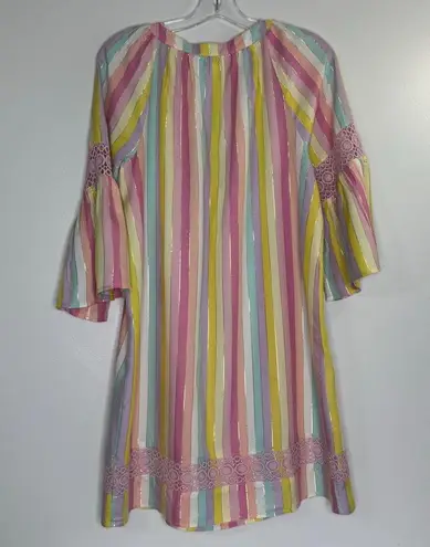 Crown & Ivy  Pastel Metallic Striped 3/4 Bell Crochet Sleeve Pom Pom Mini Dress M