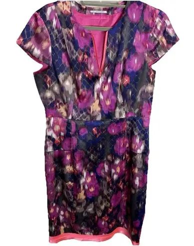 Tahari Dress Womens 14 Watercolor Floral V-neck Satin Feel Cap Sleeve Work Party