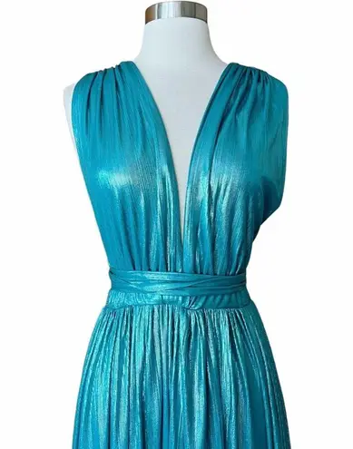 Bronx and Banco Romi Metallic Gown Plunge Neckline Dress Teal Turquoise Large 8