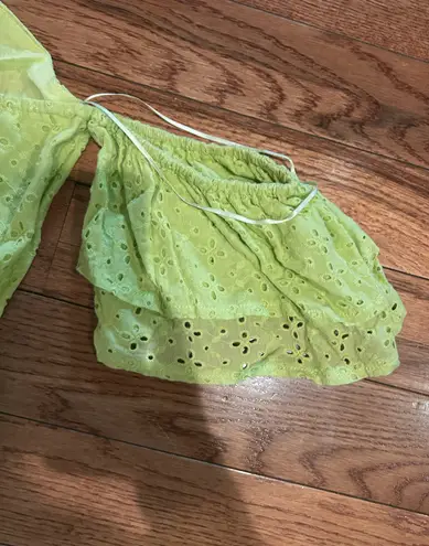 Milk and Honey ruched lime green Eyelet Off The Shoulder Boho Mini Dress.S